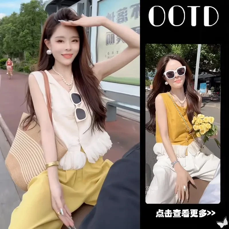 C370+C371超火夏季穿搭新款拼接花边无袖衬衫百搭阔腿裤两