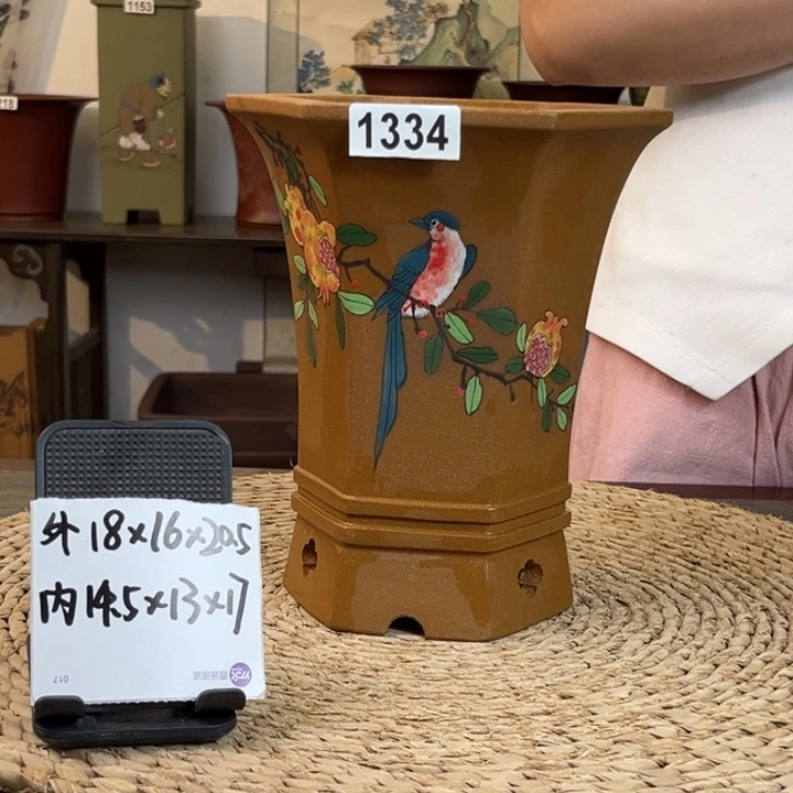 花盆紫砂 新品超精品降坡彩绘石榴开口笑六方1334