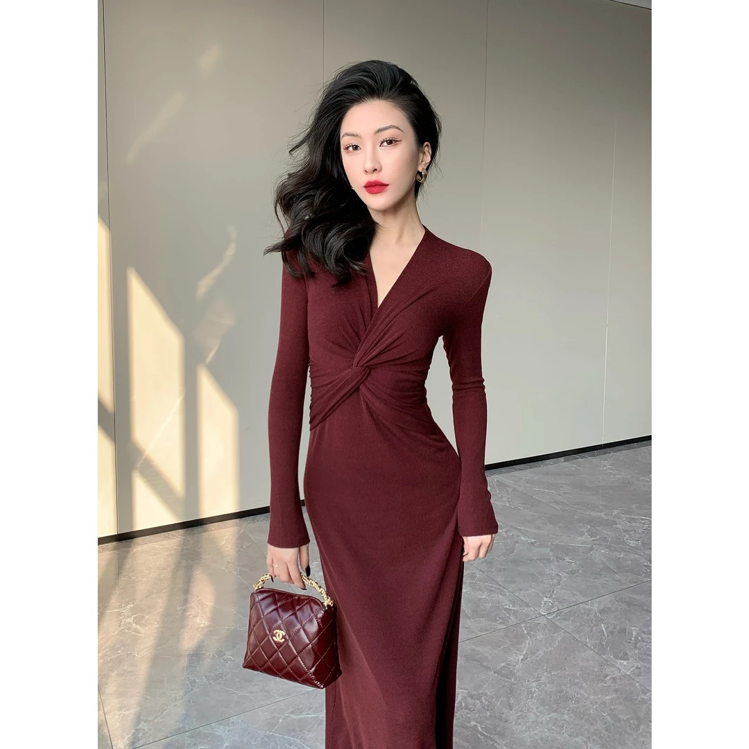 JIJINQI气质法式修身长裙秋冬复古氛围感长袖连衣裙女JD01LZPT867