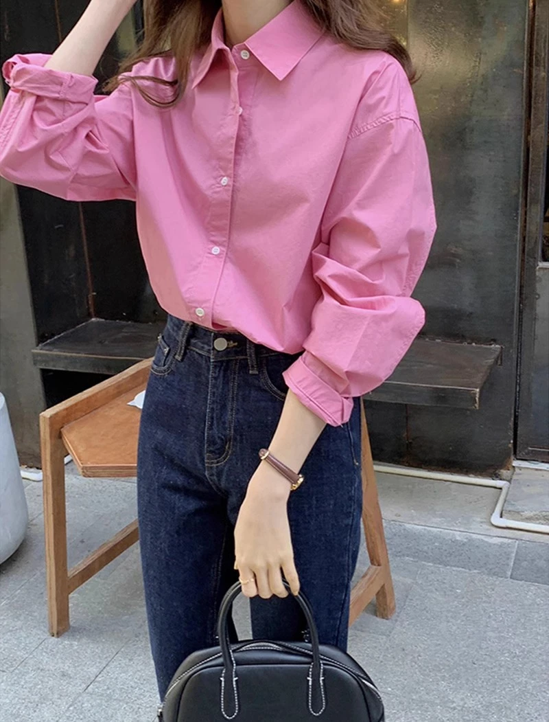 欧美风韩版休闲感纯色长袖衬衫春季装简约款时尚显瘦叠穿棉质衬衣