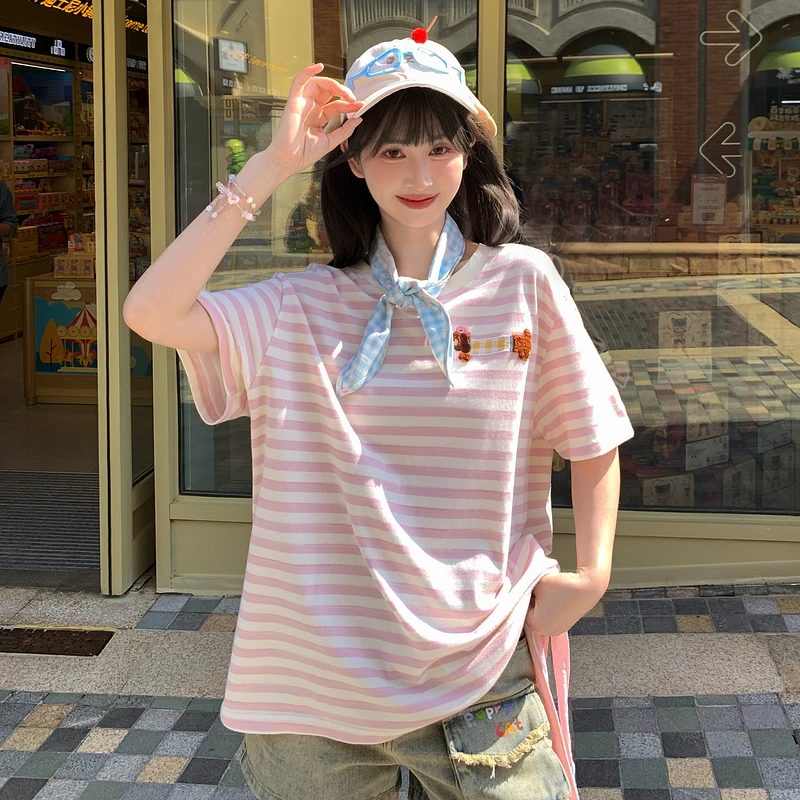 森女部落原创甜美风圆领夏季宽松粉色条纹上衣短袖女t恤2025新款