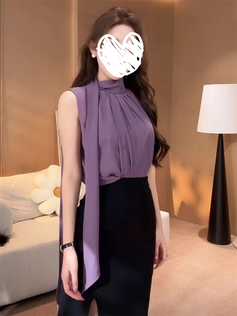 夏季新款温柔无袖飘带气质修身雪纺衬衫上衣女2025新款   6651#