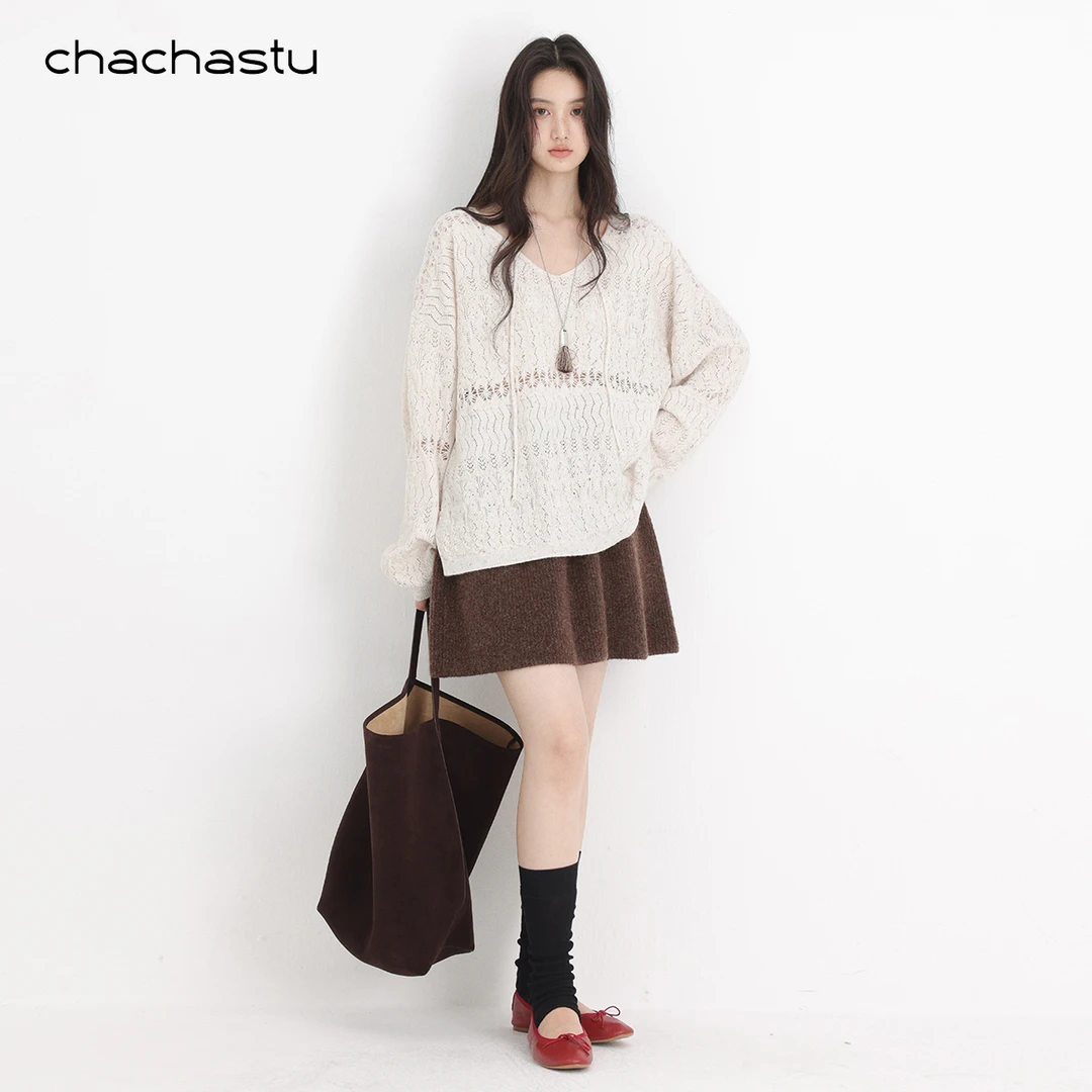 CHACHASTU【小彩点花纱】治愈系穿搭 oversize米色针织罩衫  XX6110