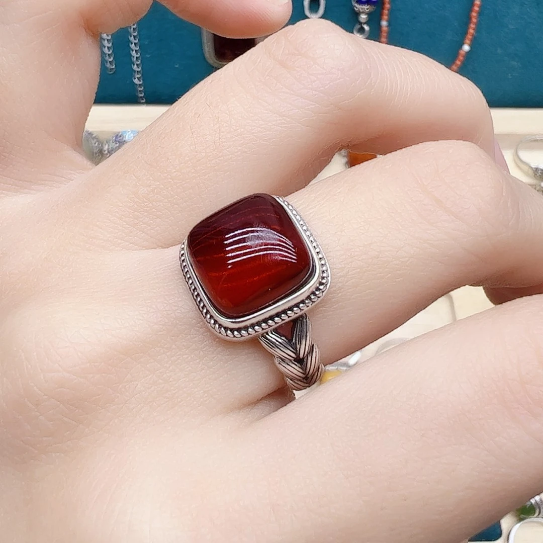 血珀戒指银S925镶嵌天然