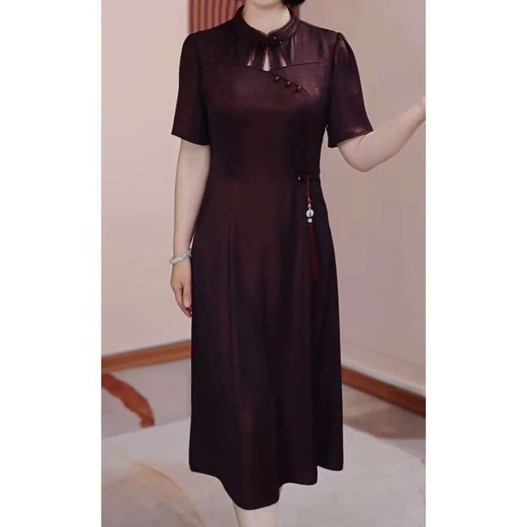 【连衣裙】高档琉璃冰丝缎夏季新款时尚气质优雅阔太太新中式旗袍裙