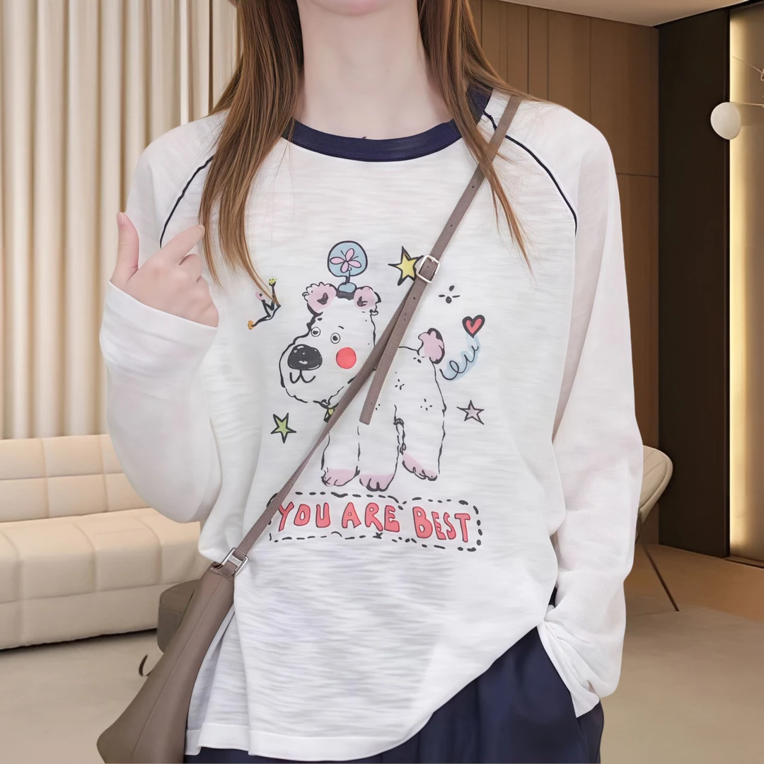 时尚卡通小狗长袖夏季薄款竹节棉防晒衣显瘦圆领防晒衣女款外穿