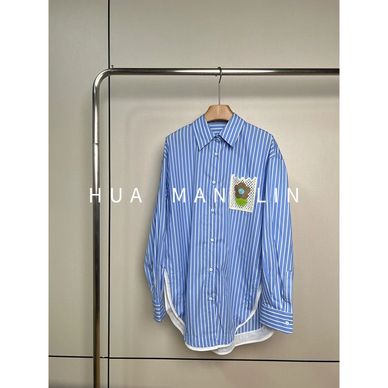 【花滿林】翻领单边口袋花朵竖条纹阔版上衣86177