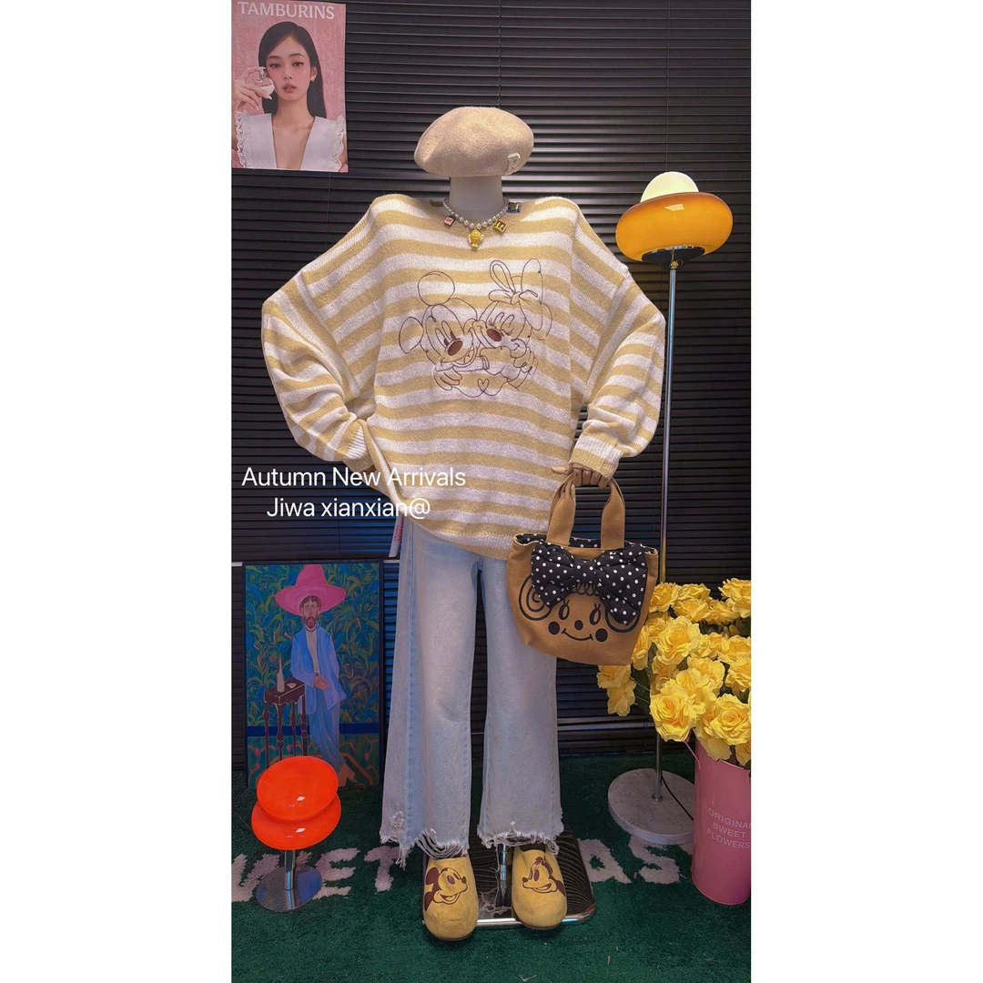 吉娃新款卡通印米奇花条纹宽松休闲百搭长袖针织衫毛衣女90398
