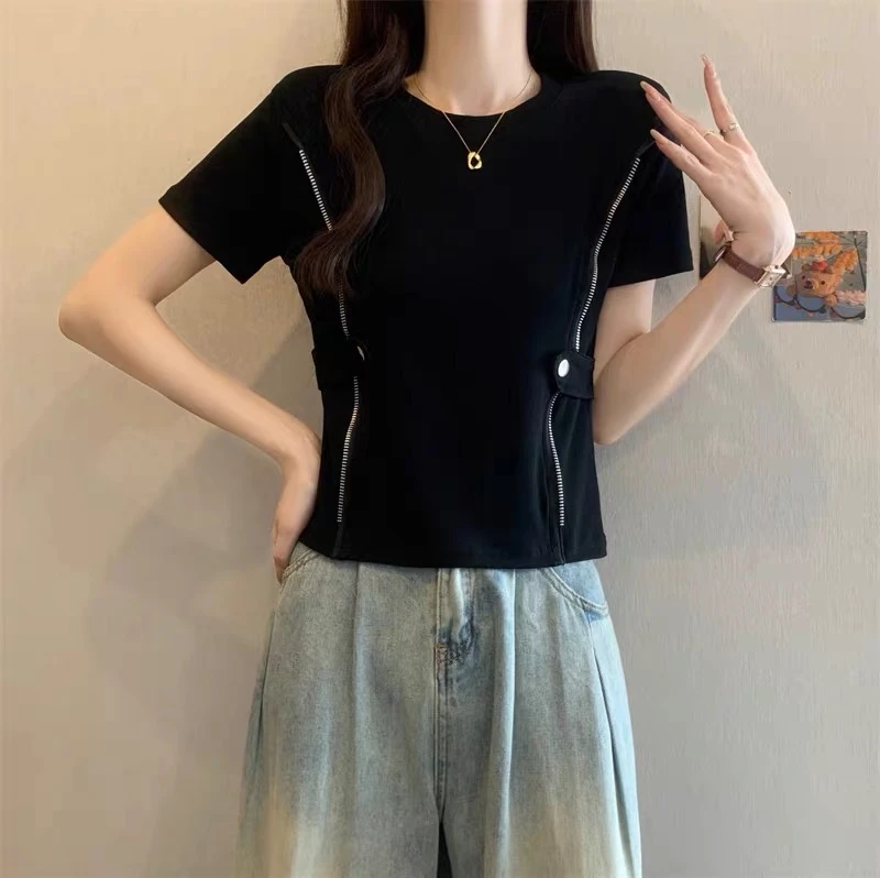 夏季短袖白T恤女正肩街头辣妹风拉链拼接修身设计感小众垫肩上衣
