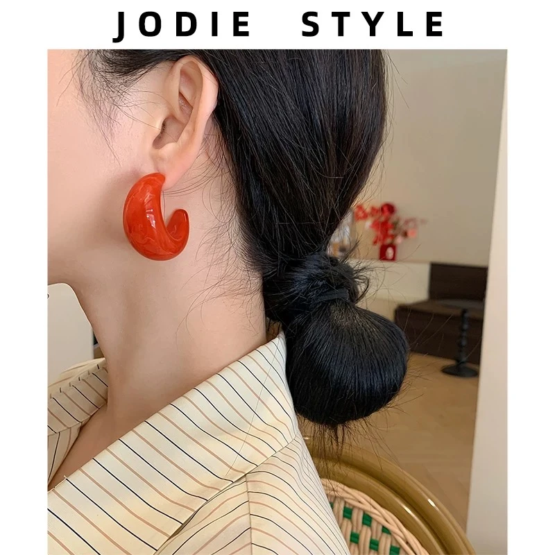 铜合金耳饰 法式亚克力红色耳环冷淡港风高级感设计气质耳钉