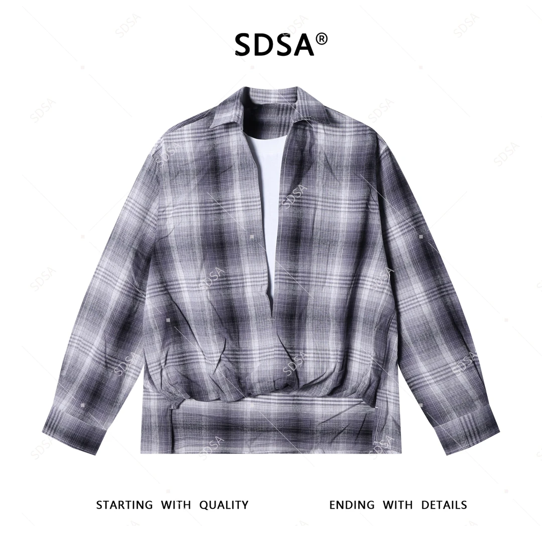 SDSA男士新款轻奢痞帅男装格纹格子假两件衬衫前短后长设计百搭