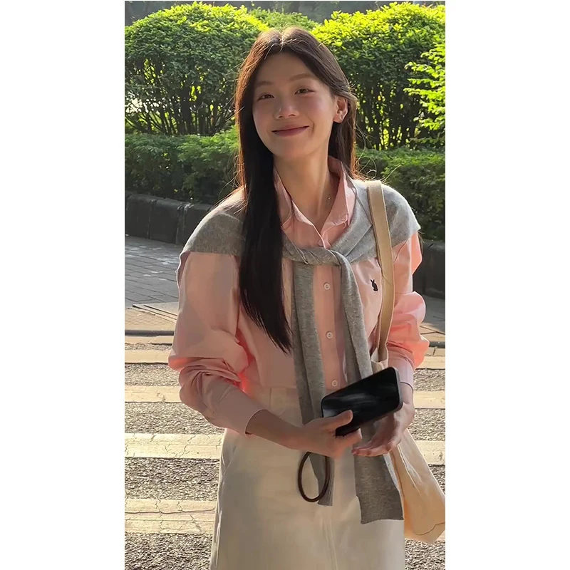 甜美粉色长袖衬衫女春季慵懒宽松小个子休闲气质衬衣半身裙套装