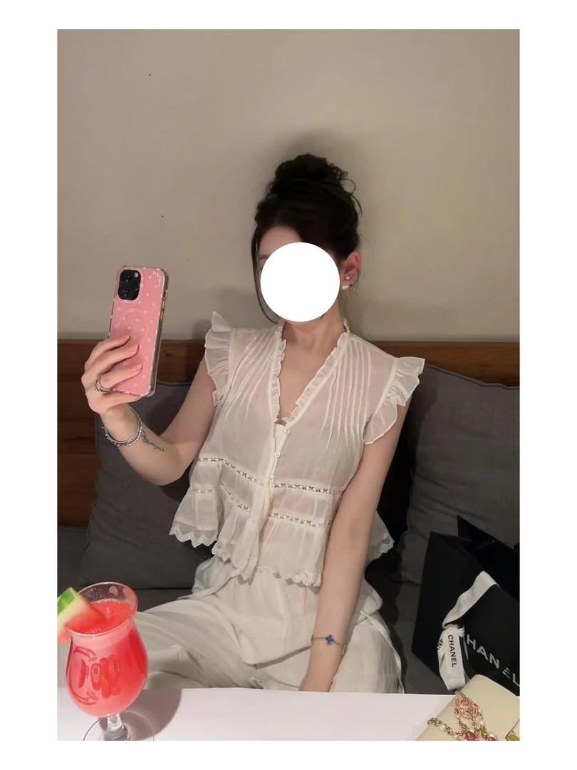 【轻甜夏日】重工压褶荷叶边蕾丝花边上衣➕白色麻裤