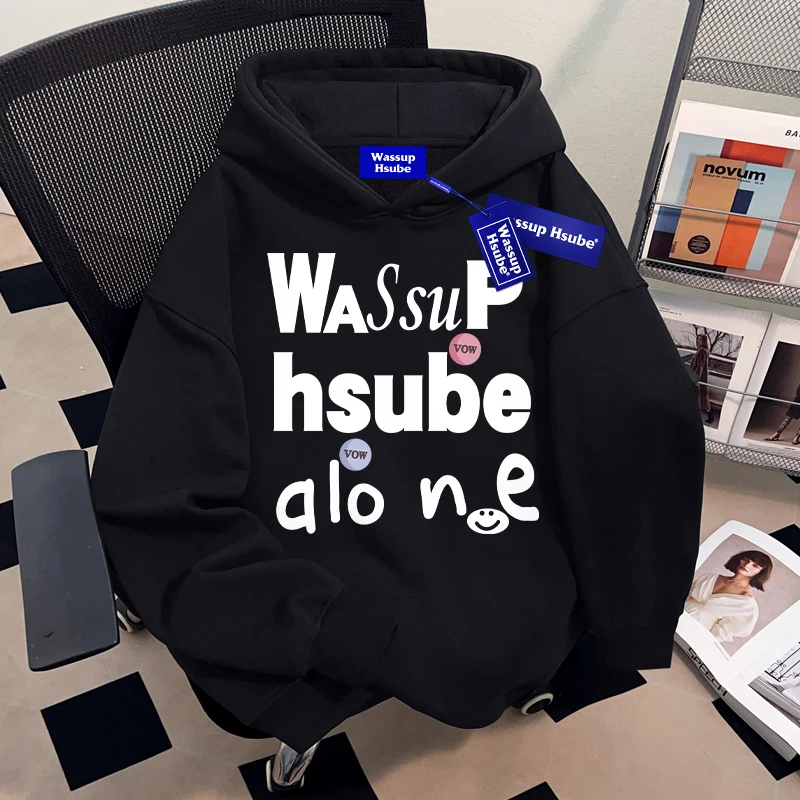 WASSUP HSUBE潮牌字母印花套头连帽卫衣美式宽松休闲男女情侣上衣