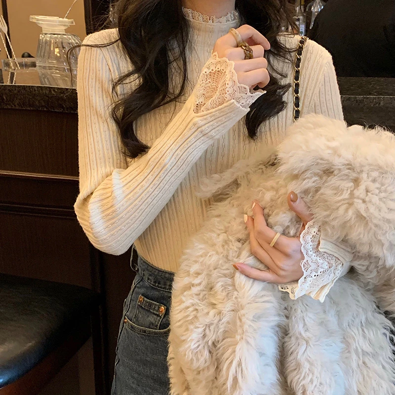蕾丝边半高领内搭针织衫打底衫女秋冬2024新款长袖加厚上衣