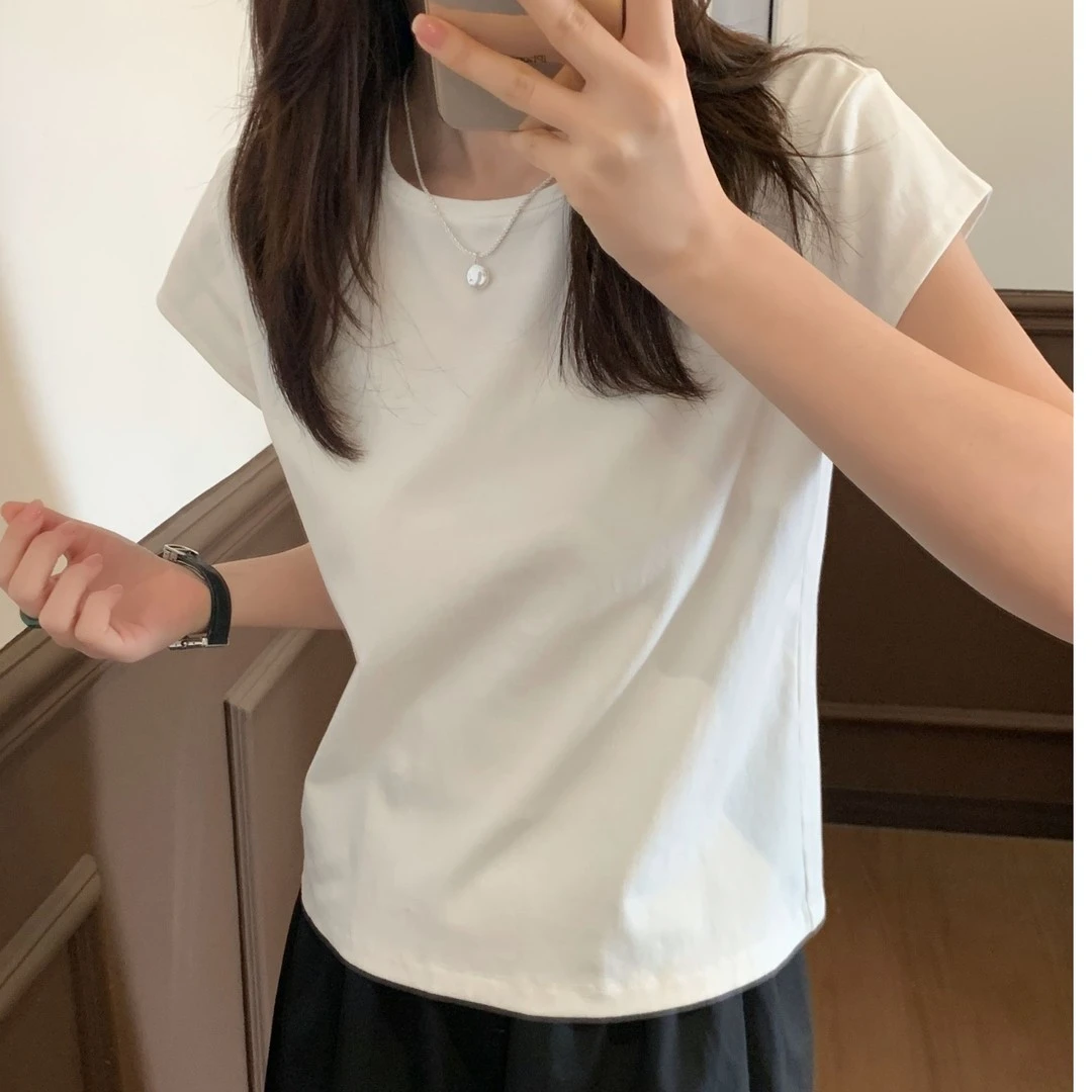洋气衣服女简约基础款短袖圆领纯色T恤夏季收腰显瘦百搭休闲上衣
