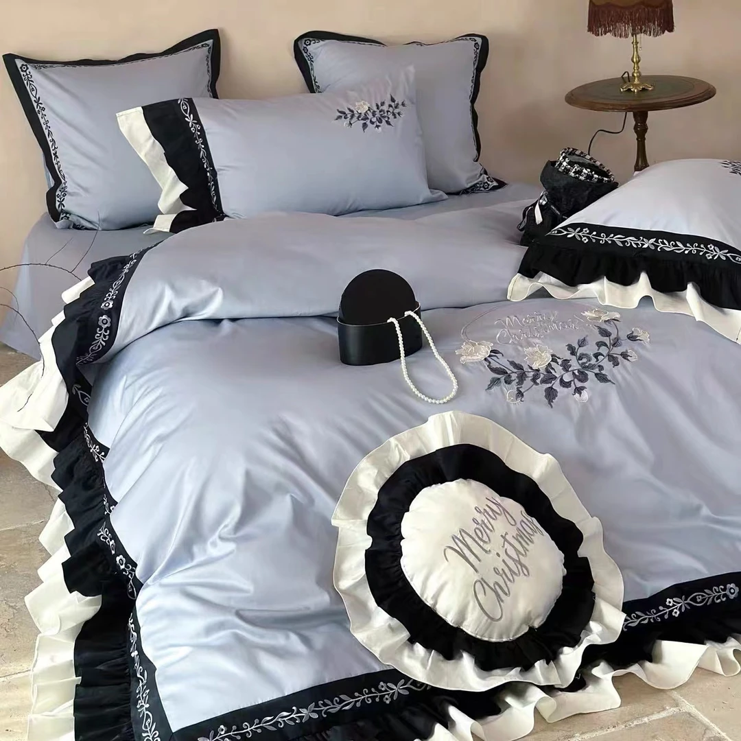 复古花卉刺绣全棉长绒棉四件套法式高级纯棉贡缎荷叶花边被套床品