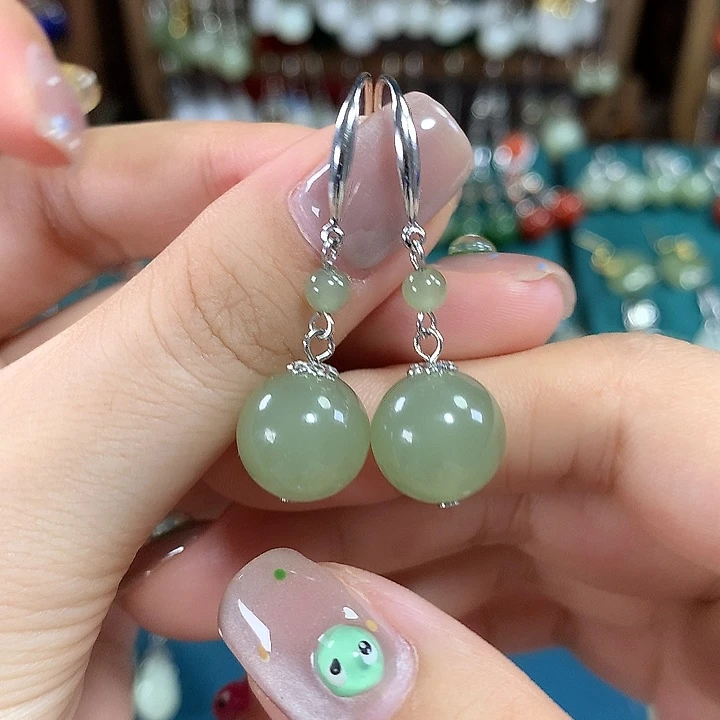 和田玉银S925镶嵌耳饰天然卡12mm左右冰晴水