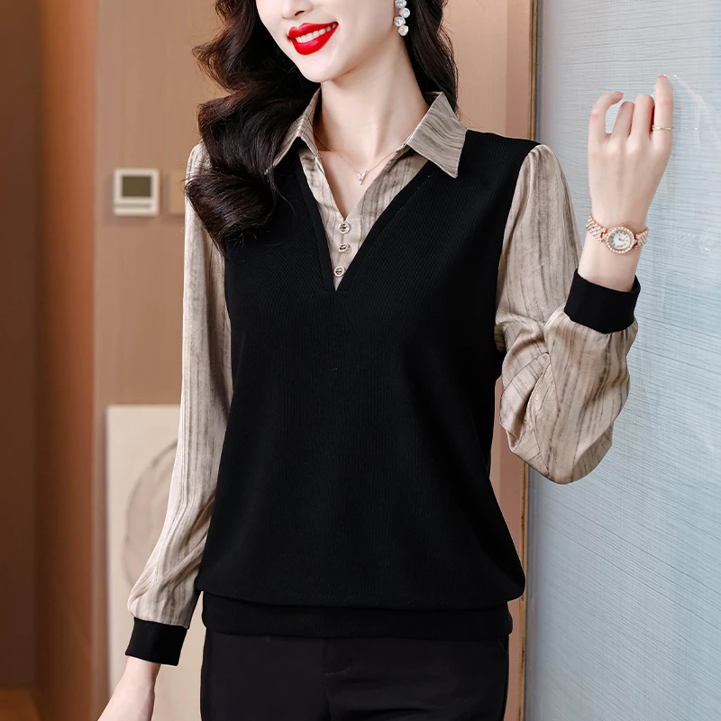 2025秋天新款百搭针织衫女气质妈妈减龄polo领衬衫拼接假两件上衣