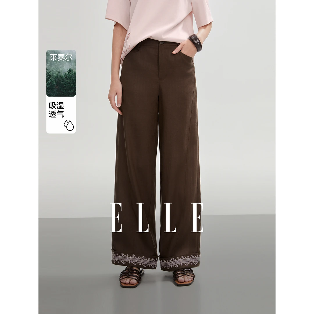 ELLE咖色复古绣花亚麻裤子高腰休闲裤女2025夏日穿搭百搭EK51372