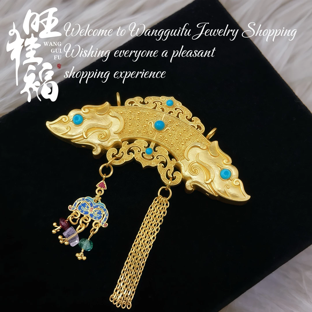 旺桂福传承珠宝手工錾刻炸珠龙纹玉珩老松吊坠36.09克