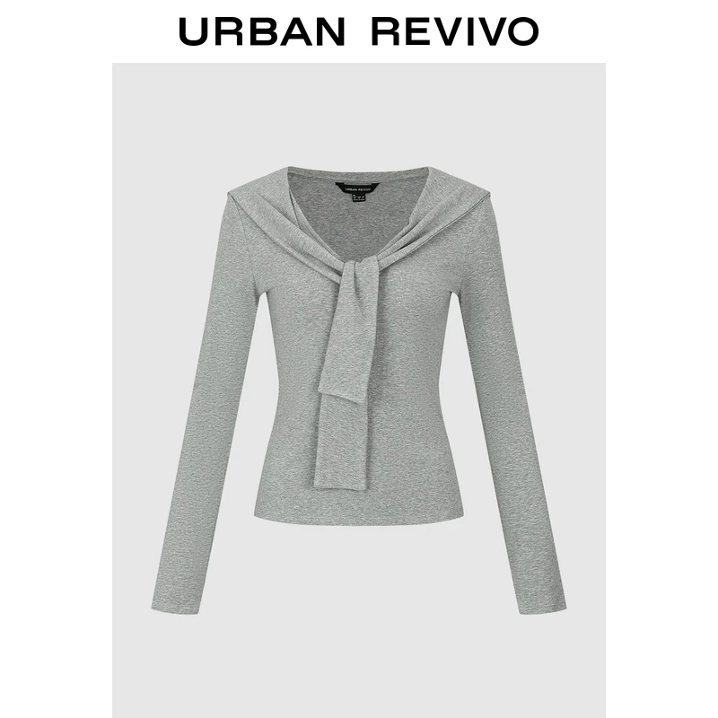 UR2025秋季新款女装都市设计感系带V领修身T恤UWU450038