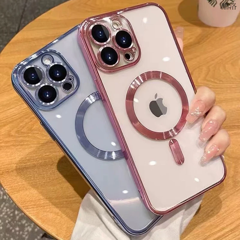 电镀磁吸壳适用苹果15PRO保护套自带镜头膜TPU软壳iPhone14手机壳