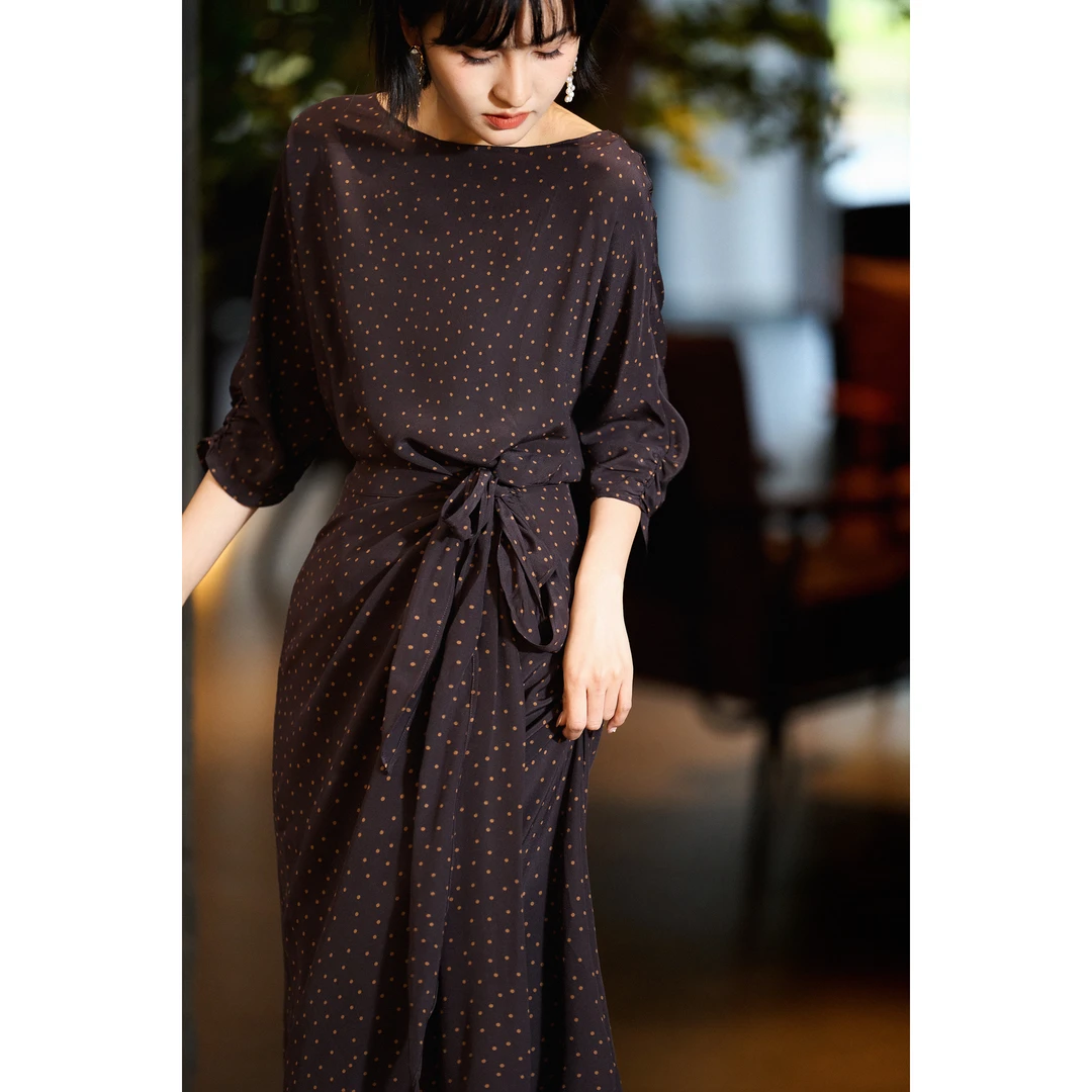 罗马假日双版本双绉桑蚕丝围裹设计印花连衣裙25年新で