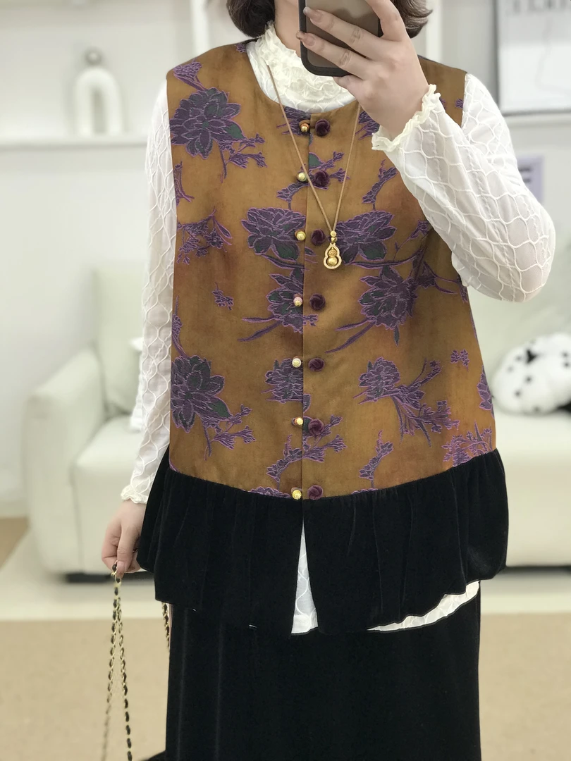 {莹莹推荐}5458冬季大码女装国风芍药花刺绣晕色马甲r