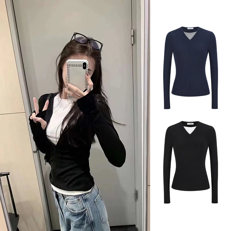 Moses Queen/魔西女王美式复古修身显瘦长袖百搭假两件撞色上衣