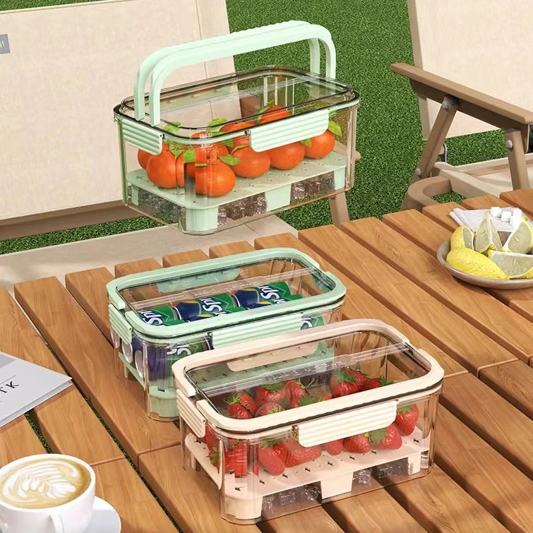 食品级手提保鲜盒塑料手提户外野餐盒大长方形冰箱收纳盒