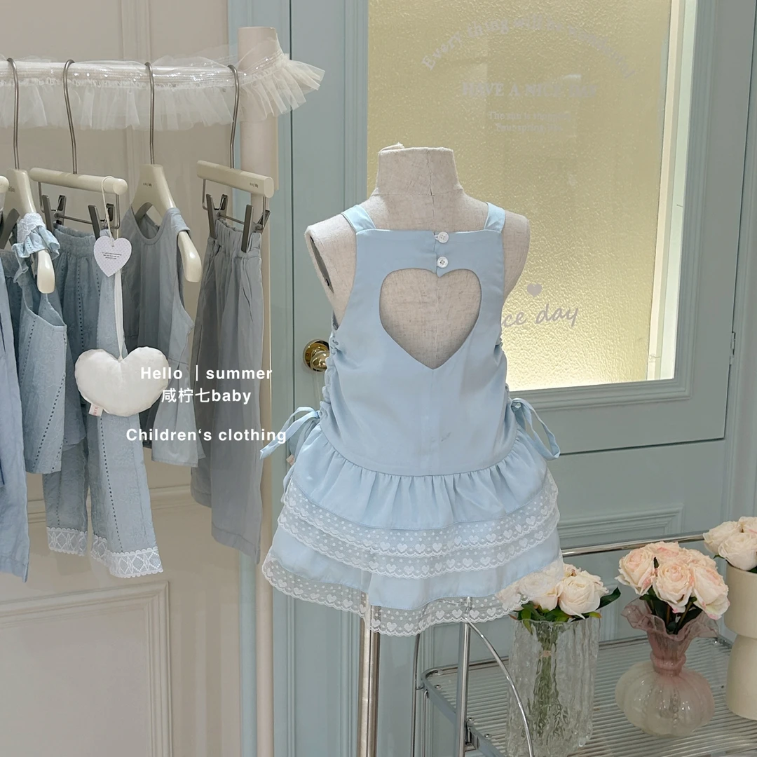 现【咸柠七】女童连衣裙夏季新款儿童爱心露背蕾丝花边吊带裙公主裙