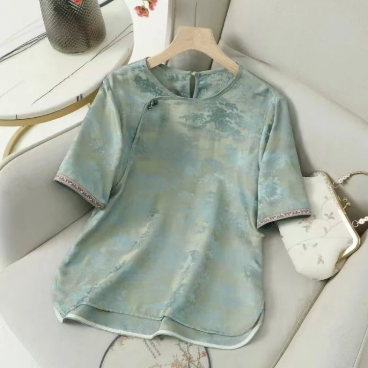 俞兆林新中式国风仿仿真丝提花上衣圆领复古盘扣简约唐装气质女装