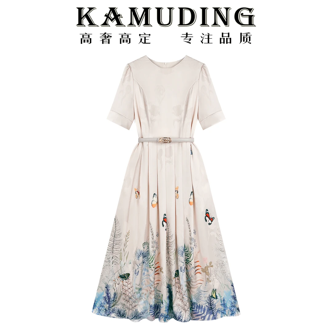 KAMUDING2025新款轻奢法式气质优雅蝴蝶花卉印花连衣裙8590