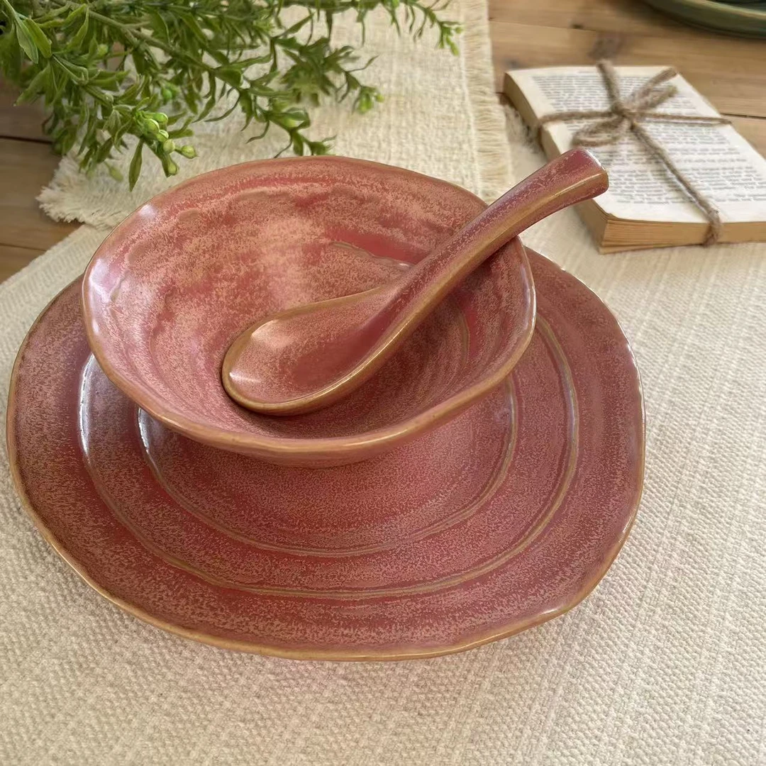 嫣红手作碗/碟/勺餐具盘三件套 KLT003