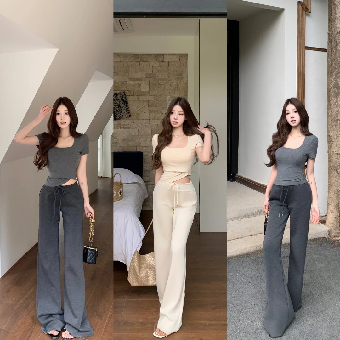 纯欲风辣妹套装女夏季新款u领修身显瘦短袖上衣+高腰休闲裤两件套