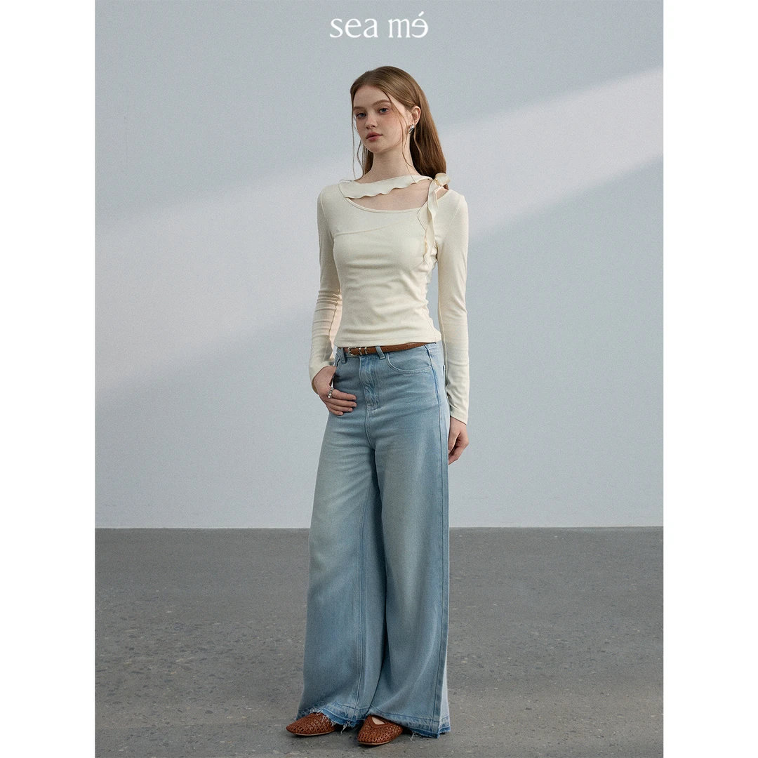 Seame汐觅【穿行】莱赛尔极简休闲裤女毛边设计感阔腿牛仔裤长裤