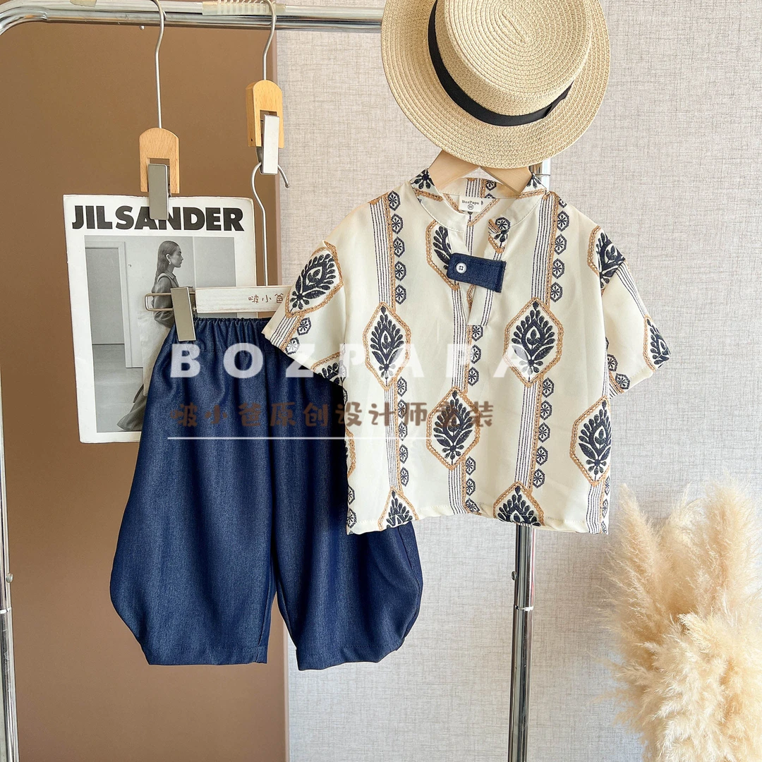 啵小爸【雪滴蓝铃】2025夏季男童韩系民族风蓝色花朵衬衫套装