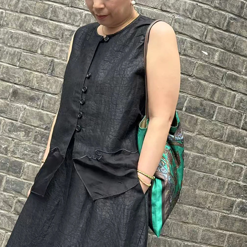 复古时尚真丝欧根纱拼接香云纱马甲 纽扣圆领宽松显瘦造型马甲