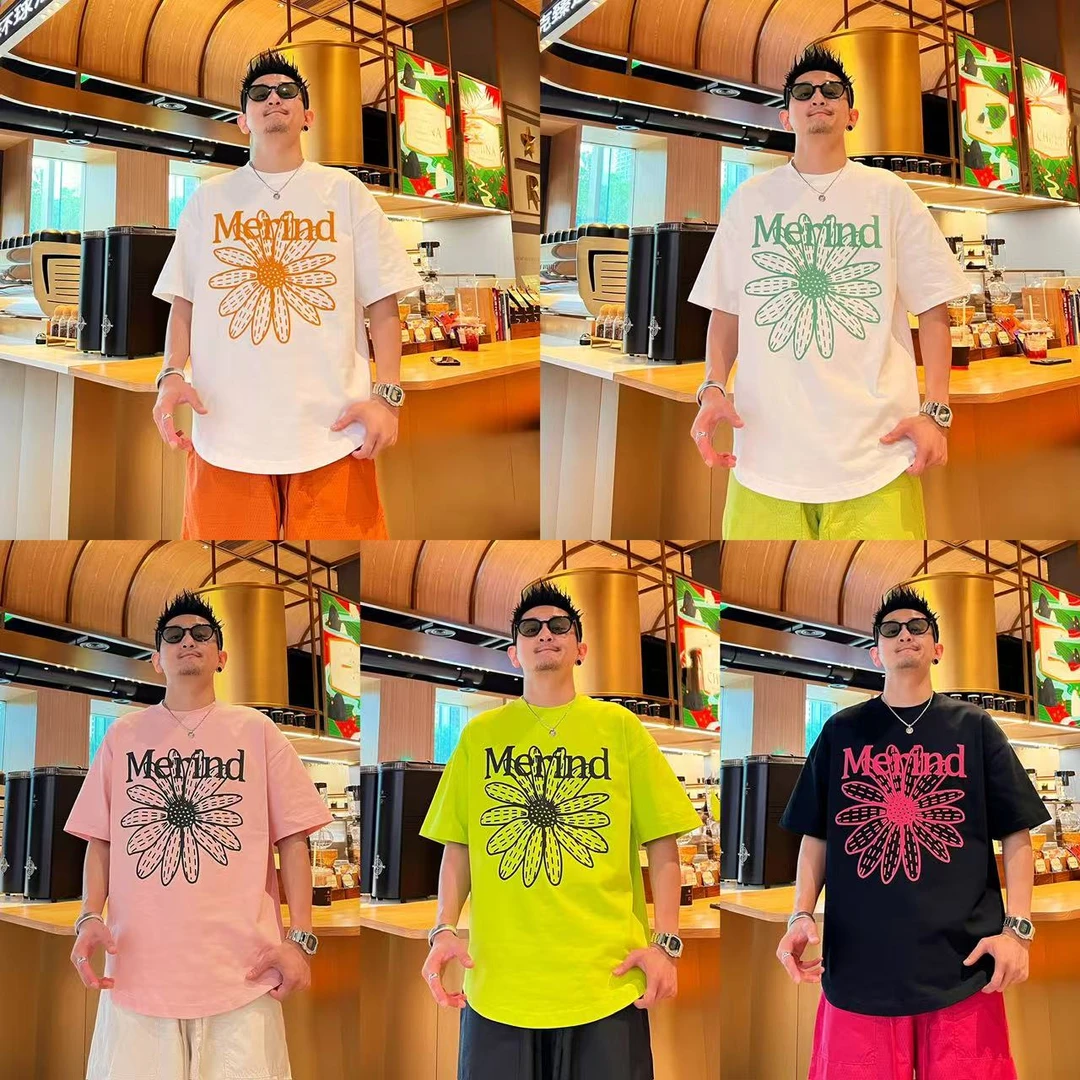 简约休闲百搭时尚宽松夏季新款花卉字母印花设计感男女同款短袖