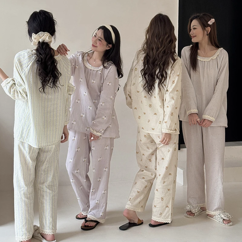 森岛2025新款春夏家居服女纯棉蕾丝印花舒适睡衣日系宽松休闲套装