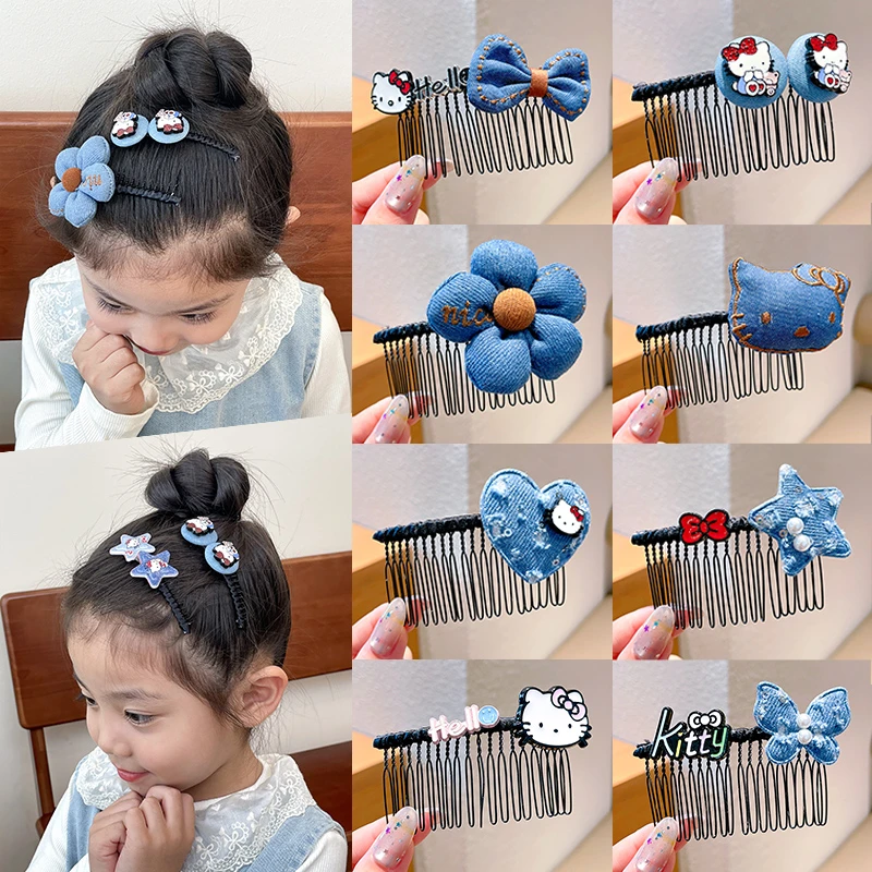 复古色牛仔碎发整理神器儿童前额刘海夹女孩卡通KT猫后脑勺发夹子