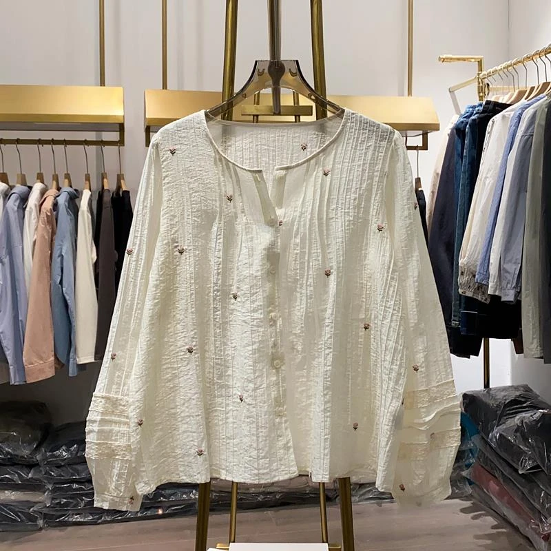 【NEXT女装】森系小花刺绣圆领灯笼袖褶皱衬衫女春秋减龄上衣