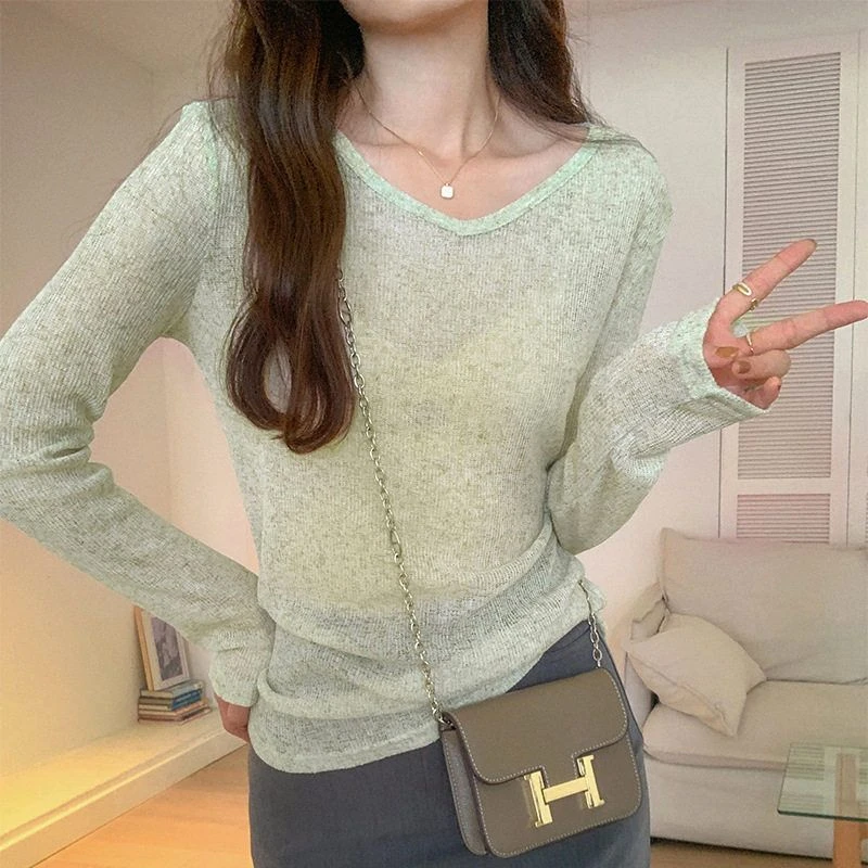 秋季新款设计感小众微透V领针织衫修身显瘦短款长袖T恤女打底上衣
