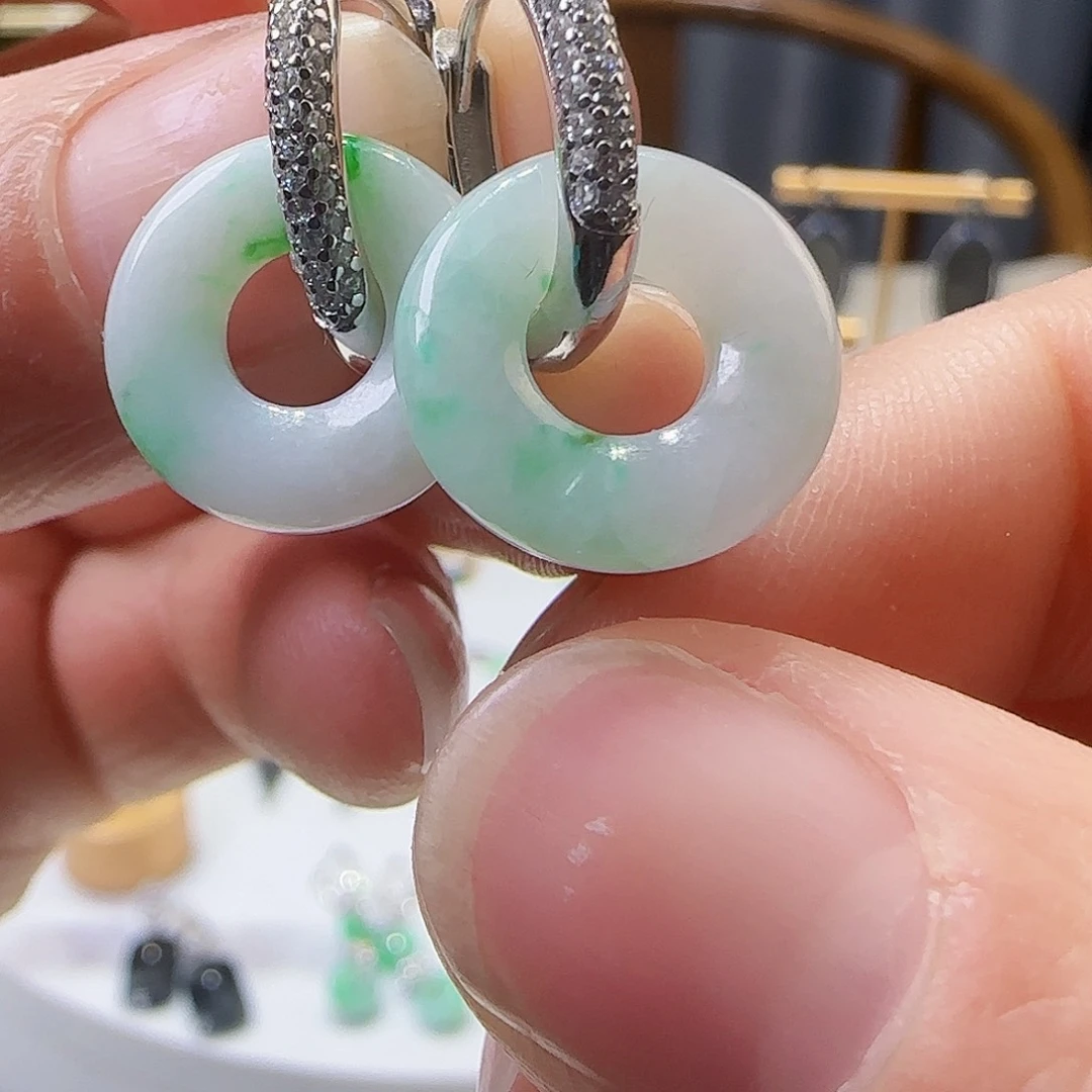 翡翠耳饰银S925镶嵌天然缅甸a货翡翠