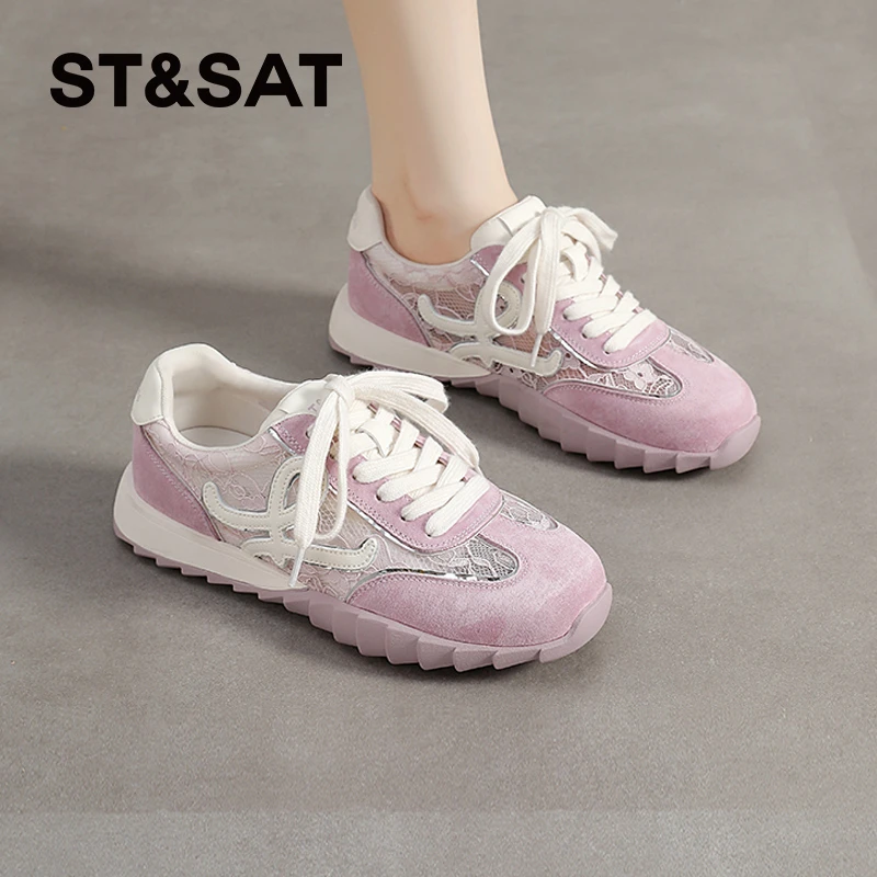 星期六薄款休闲鞋女士2025夏季新款网面鞋跑步透气厚底蕾丝小白鞋