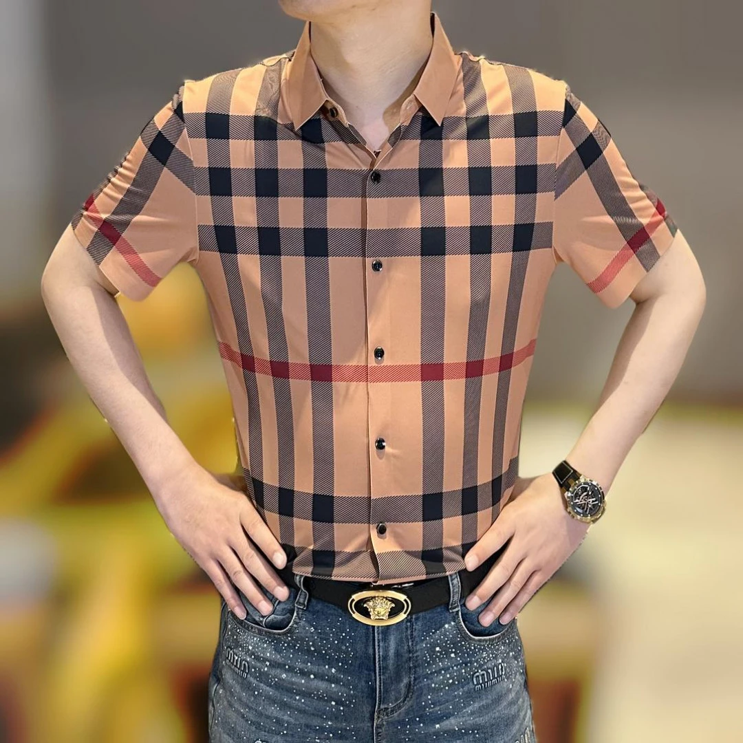 2025男士夏季新款时尚休闲翻领薄款修身撞色条纹印花衬衫短袖T恤