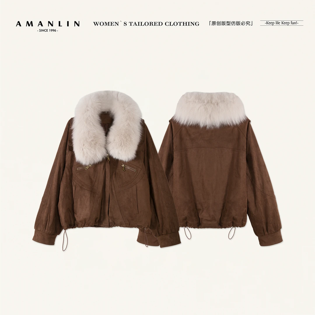 AMANLIN/阿谩琳琥珀流光皮草真狐狸毛白鸭绒女短羽绒服Y603182