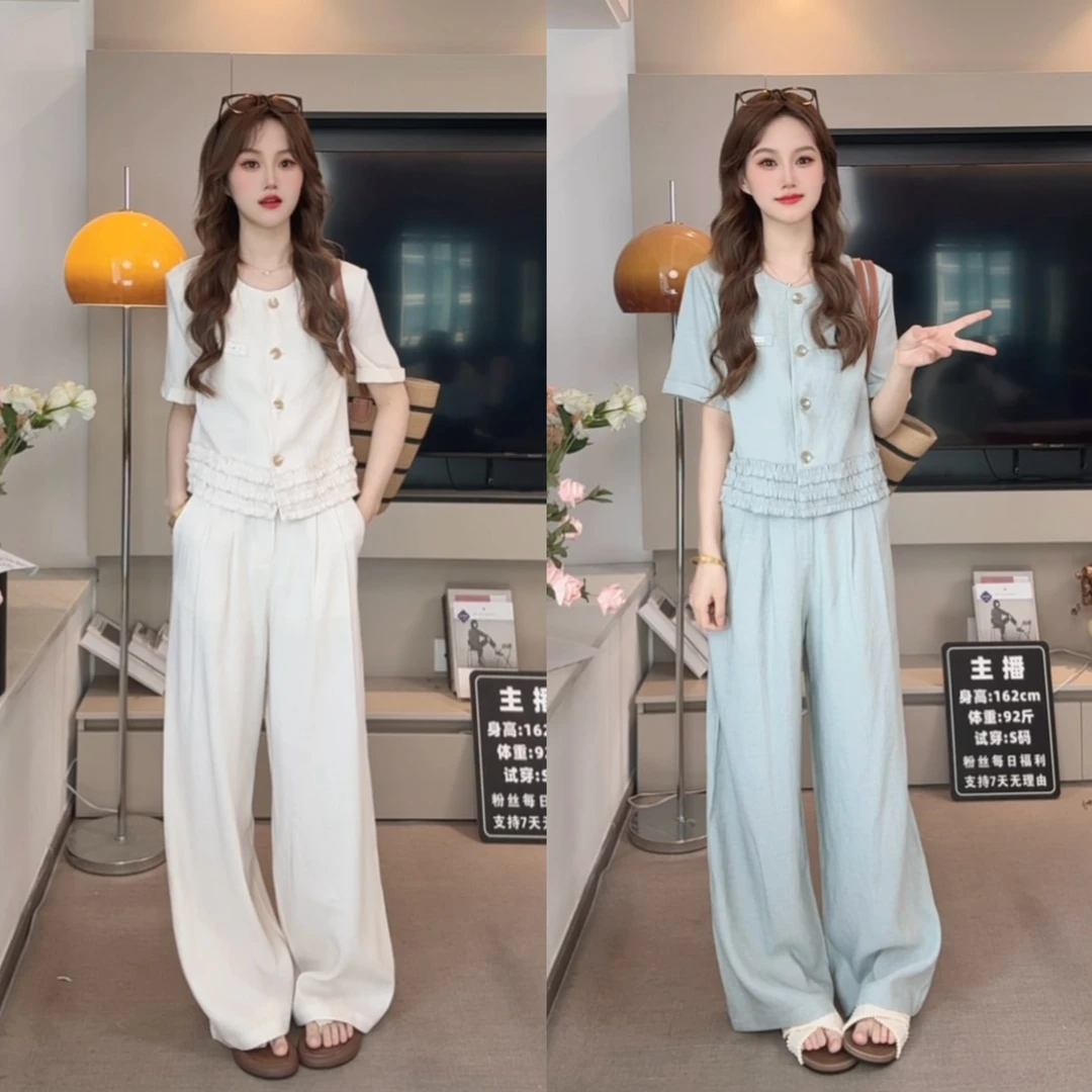 松弛感休闲套装女3133夏季新款设计感木耳边上衣高腰阔腿裤两件套