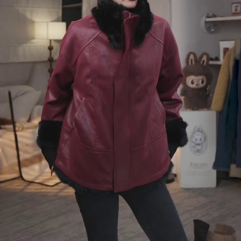 美式复古绒毛拼接立领皮衣外套秋冬港风时髦洋气减龄皮毛一体大衣